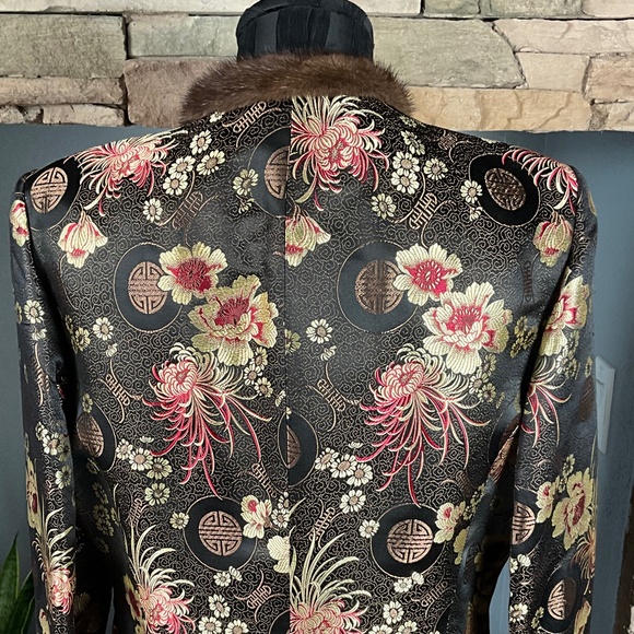 Y2K Brocade Mink Collar Holiday Party Asian Floral Black Brown 12 Doncaster - Picture 7 of 9